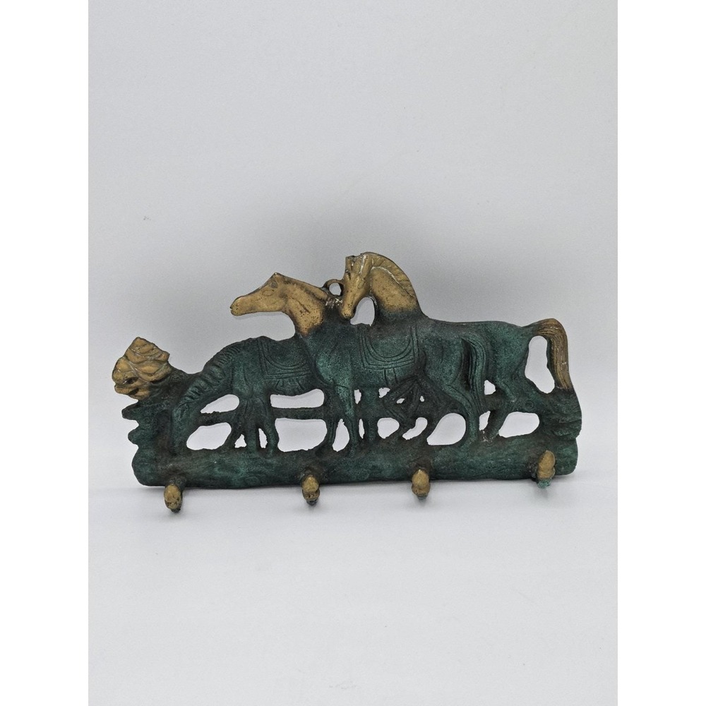 Antique Brass‎ Brushed Gold & Blue Patina Horse Wall Mounted 4 Hook Rack
